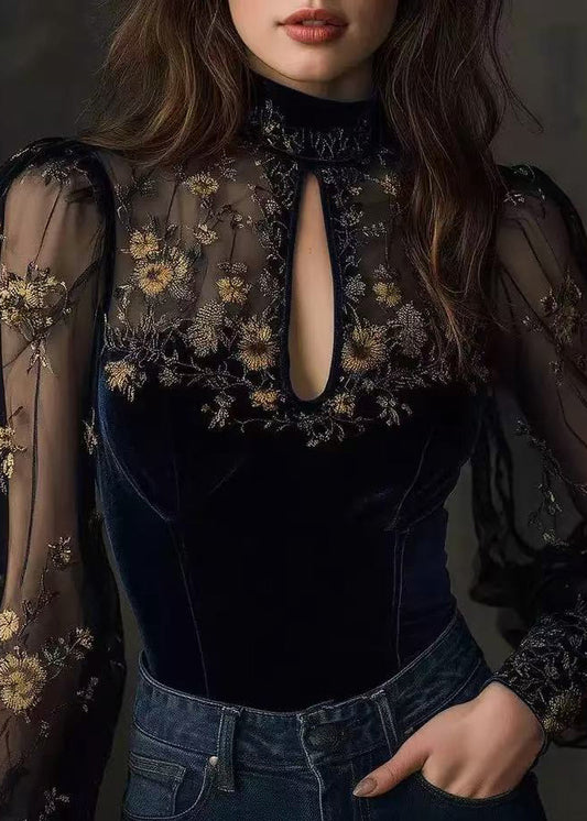 Boutique Blue Embroidered Tulle Patchwork Velour Top Spring