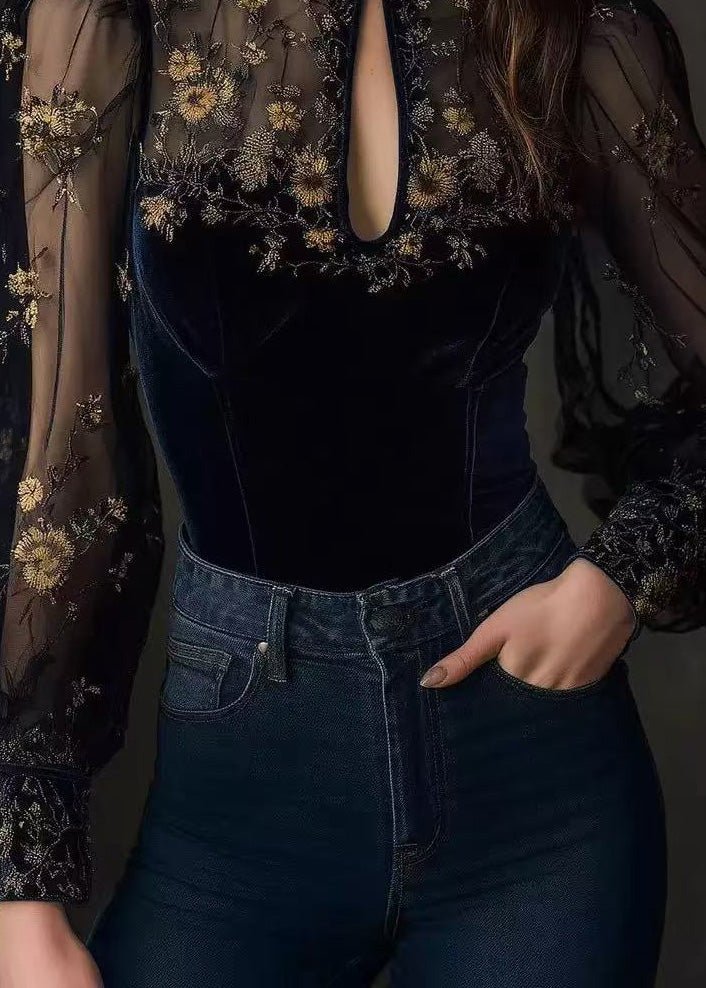 Boutique Blue Embroidered Tulle Patchwork Velour Top Spring