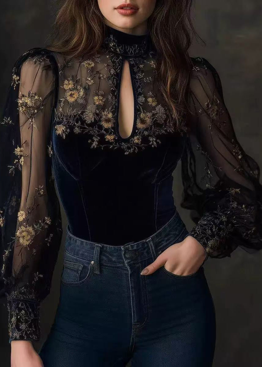 Boutique Blue Embroidered Tulle Patchwork Velour Top Spring