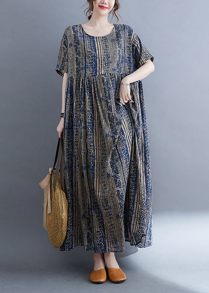 Boutique Blue O-Neck Cinched Print Extra large hem Holiday Dress Short Sleeve