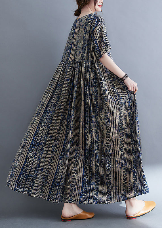 Boutique Blue O-Neck Cinched Print Extra large hem Holiday Dress Short Sleeve