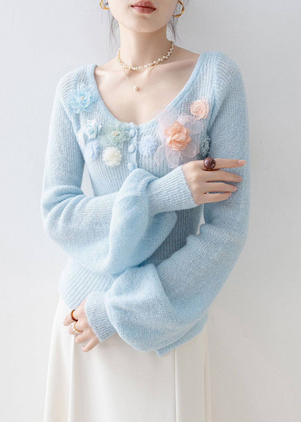 Boutique Blue O Neck Floral Knitted Tops Spring