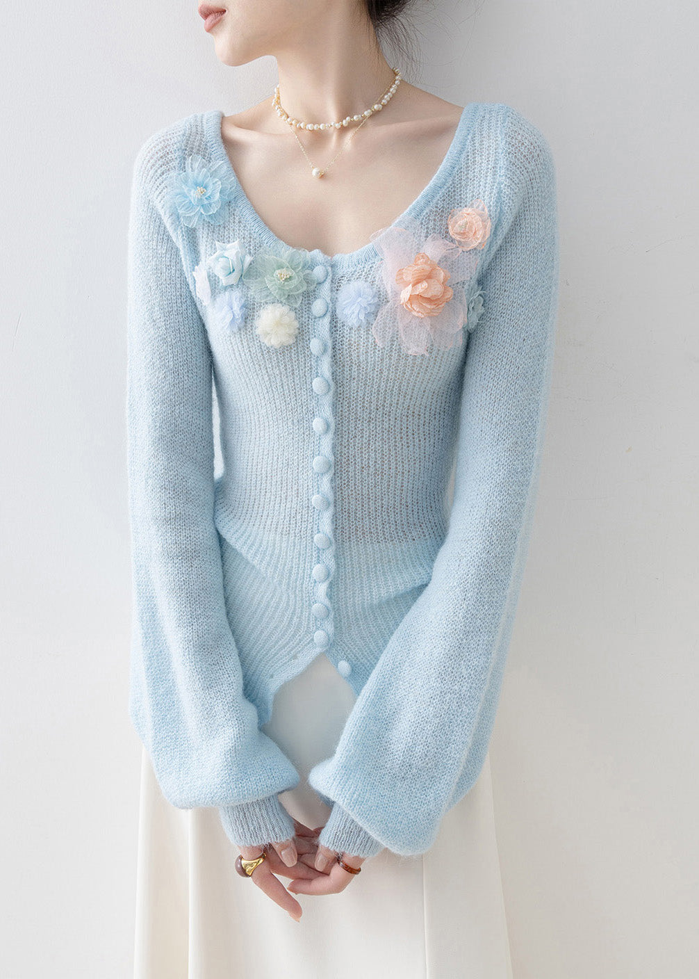 Boutique Blue O Neck Floral Knitted Tops Spring