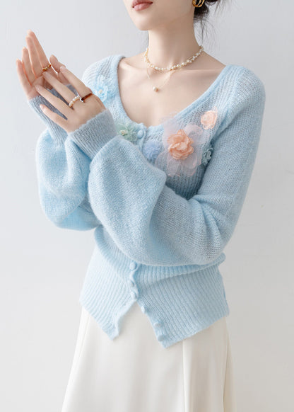 Boutique Blue O Neck Floral Knitted Tops Spring