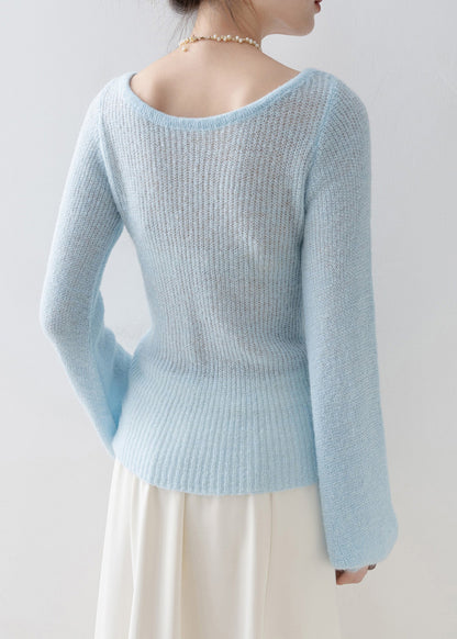 Boutique Blue O Neck Floral Knitted Tops Spring