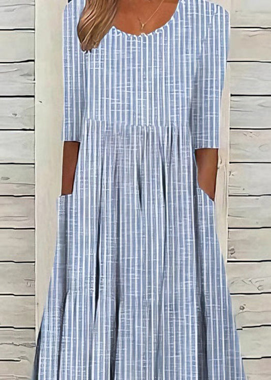 Boutique Blue O Neck Pockets Striped Cotton Dresses Summer