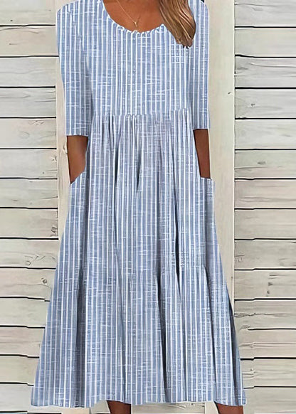 Boutique Blue O Neck Pockets Striped Cotton Dresses Summer