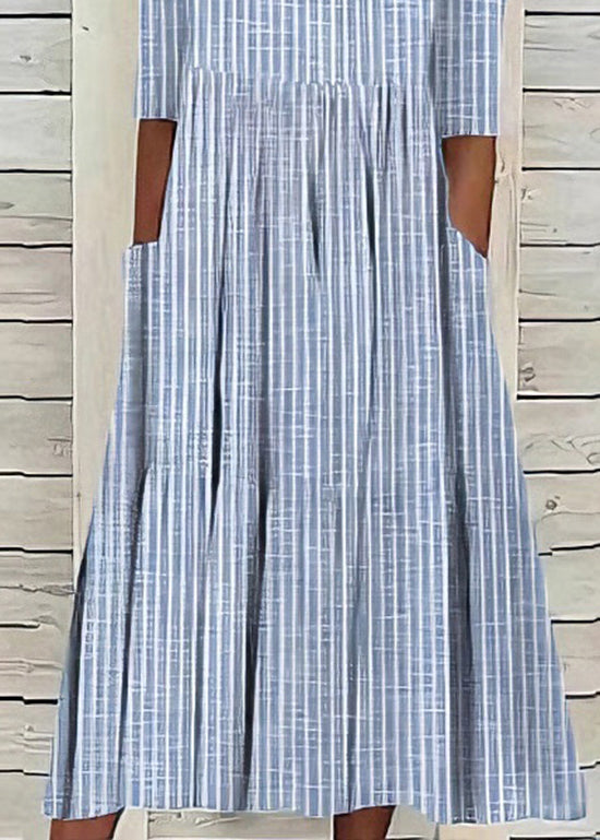 Boutique Blue O Neck Pockets Striped Cotton Dresses Summer
