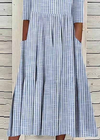 Boutique Blue O Neck Pockets Striped Cotton Dresses Summer