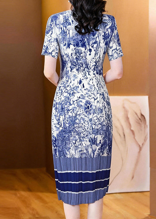 Boutique Blue O Neck Print Wrinkled Dresses Summer