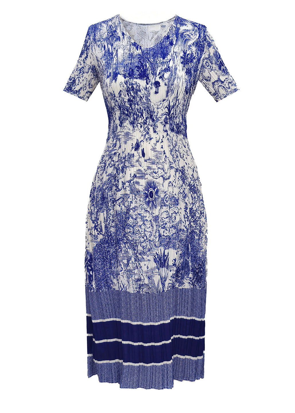 Boutique Blue O Neck Print Wrinkled Dresses Summer