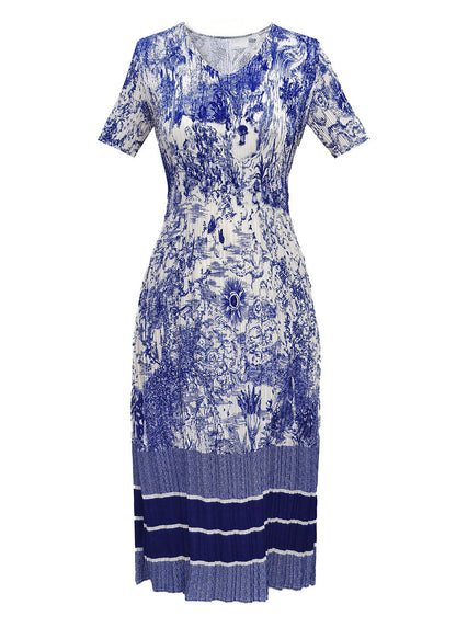 Boutique Blue O Neck Print Wrinkled Dresses Summer