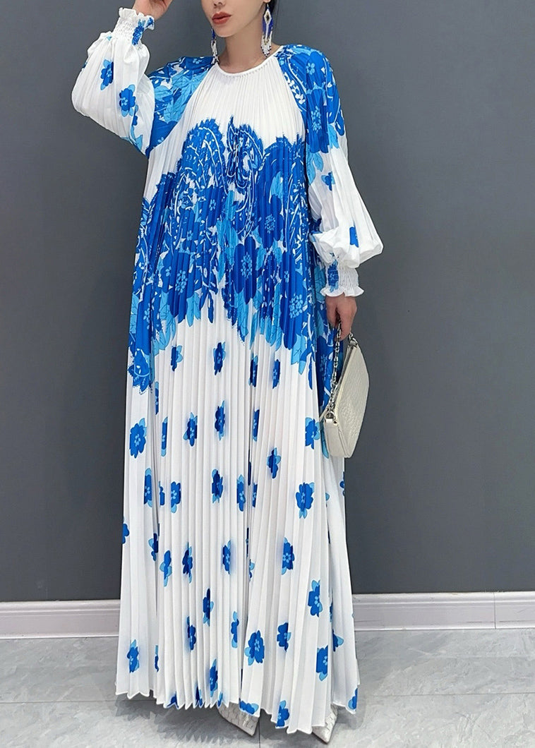 Boutique Blue Oversized Print Pleated Dress Fall