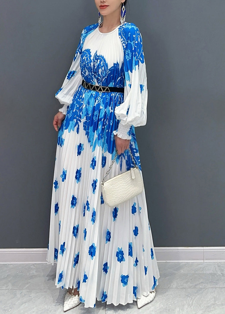 Boutique Blue Oversized Print Pleated Dress Fall
