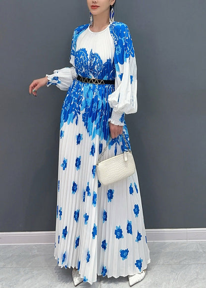 Boutique Blue Oversized Print Pleated Dress Fall