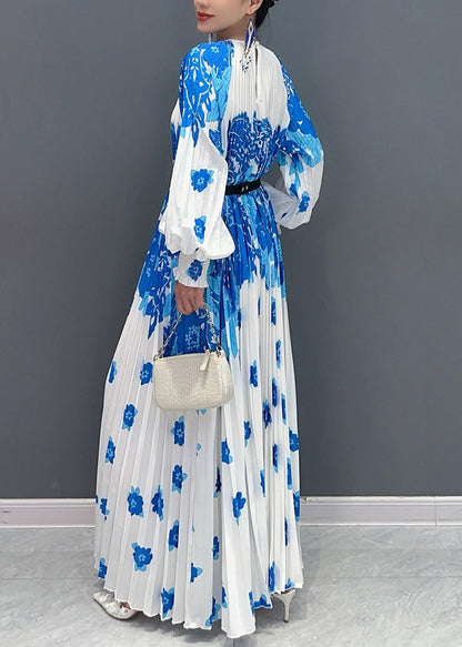 Boutique Blue Oversized Print Pleated Dress Fall