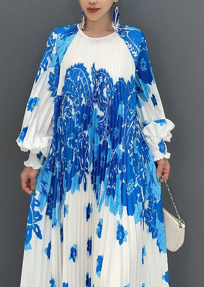 Boutique Blue Oversized Print Pleated Dress Fall