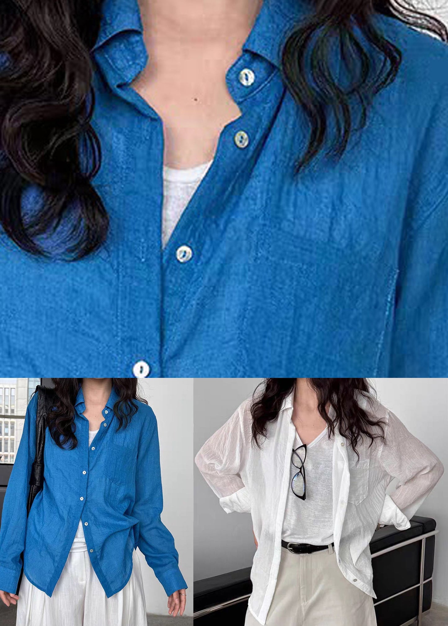 Boutique Blue Patchwork Button Solid Shirt Spring