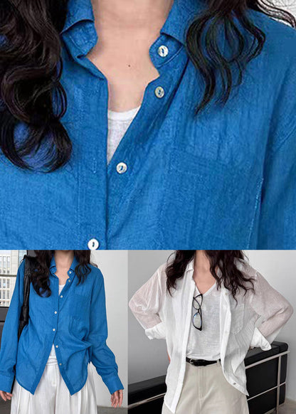 Boutique Blue Patchwork Button Solid Shirt Spring
