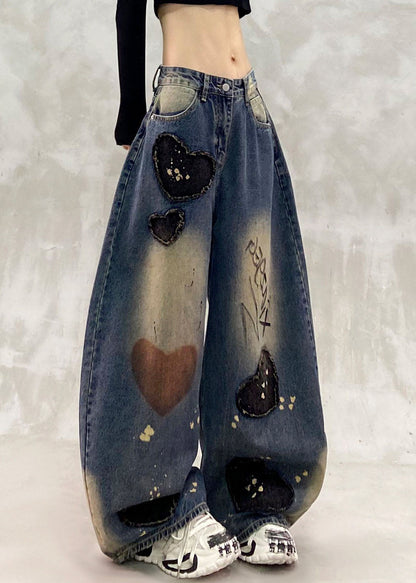 Boutique Blue Patchwork Patch High Waist Straight Jeans Fall