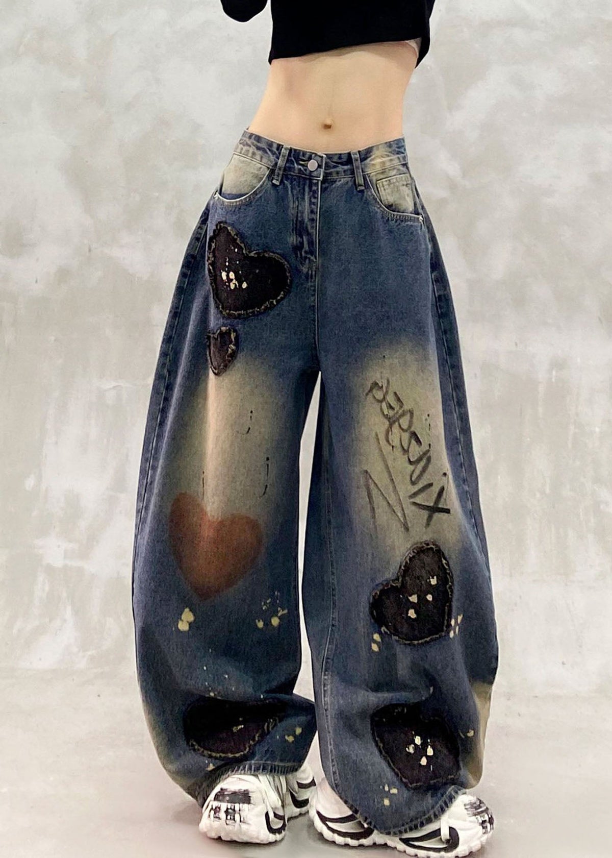 Boutique Blue Patchwork Patch High Waist Straight Jeans Fall