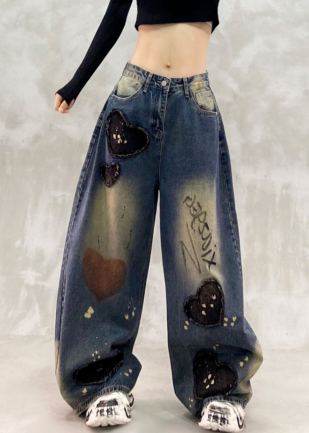 Boutique Blue Patchwork Patch High Waist Straight Jeans Fall