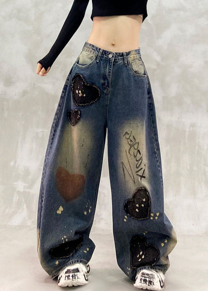 Boutique Blue Patchwork Patch High Waist Straight Jeans Fall