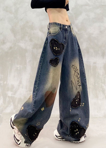 Boutique Blue Patchwork Patch High Waist Straight Jeans Fall