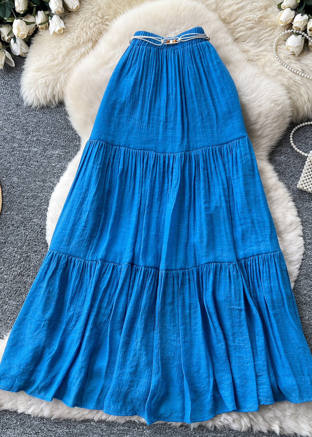 Boutique Blue Patchwork Wrinkled Cotton Skirt Summer