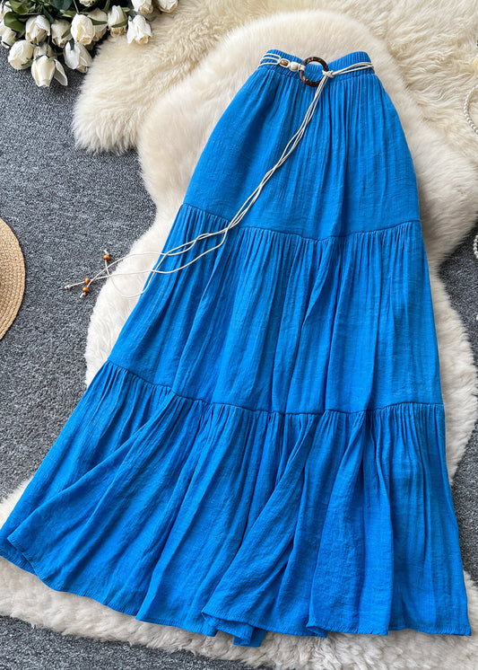 Boutique Blue Patchwork Wrinkled Cotton Skirt Summer