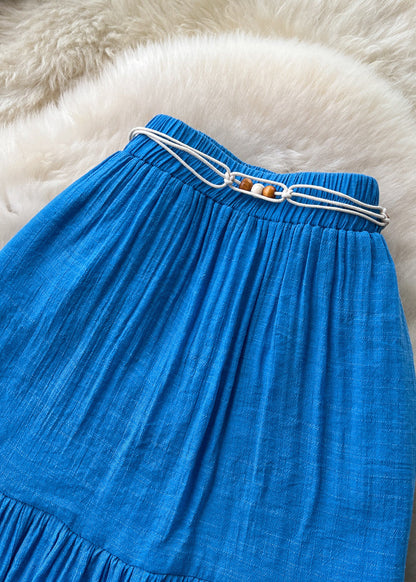 Boutique Blue Patchwork Wrinkled Cotton Skirt Summer