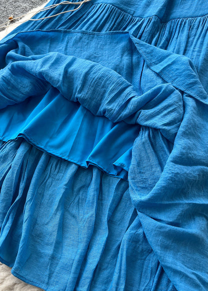 Boutique Blue Patchwork Wrinkled Cotton Skirt Summer