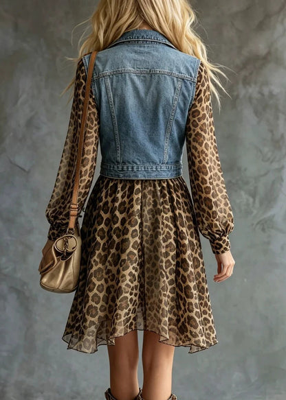 Boutique Blue Peter Pan Collar Denim Patchwork Holiday Chiffon Mid Dress Lantern Sleeve