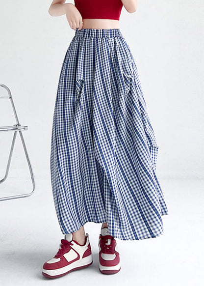 Boutique Blue Plaid Pockets Patchwork A Line Skirts Summer