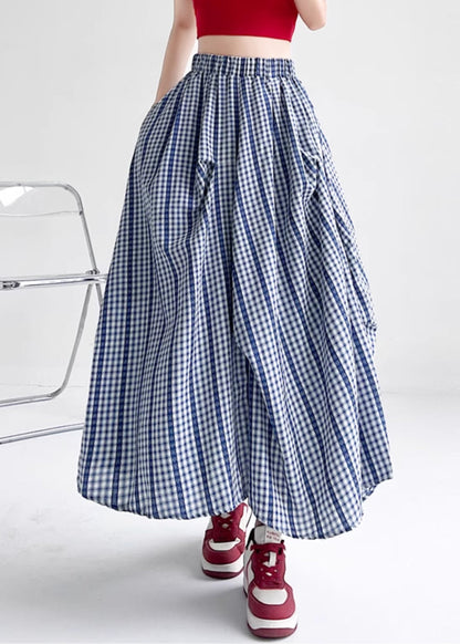 Boutique Blue Plaid Pockets Patchwork A Line Skirts Summer