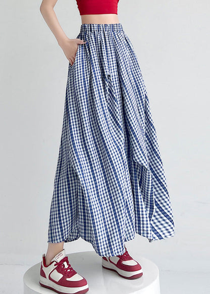Boutique Blue Plaid Pockets Patchwork A Line Skirts Summer