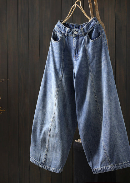 Boutique Blue Pockets Patchwork Crop Wide Leg Jeans Summer