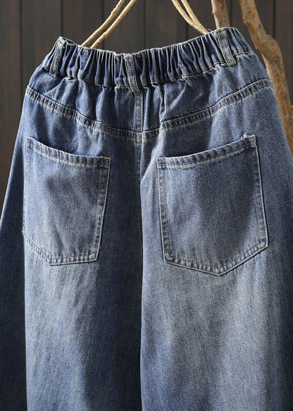 Boutique Blue Pockets Patchwork Crop Wide Leg Jeans Summer