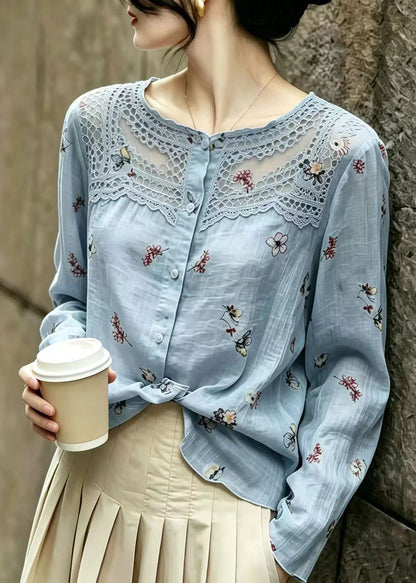 Boutique Blue Print Patchwork Lace Blouse Top Summer