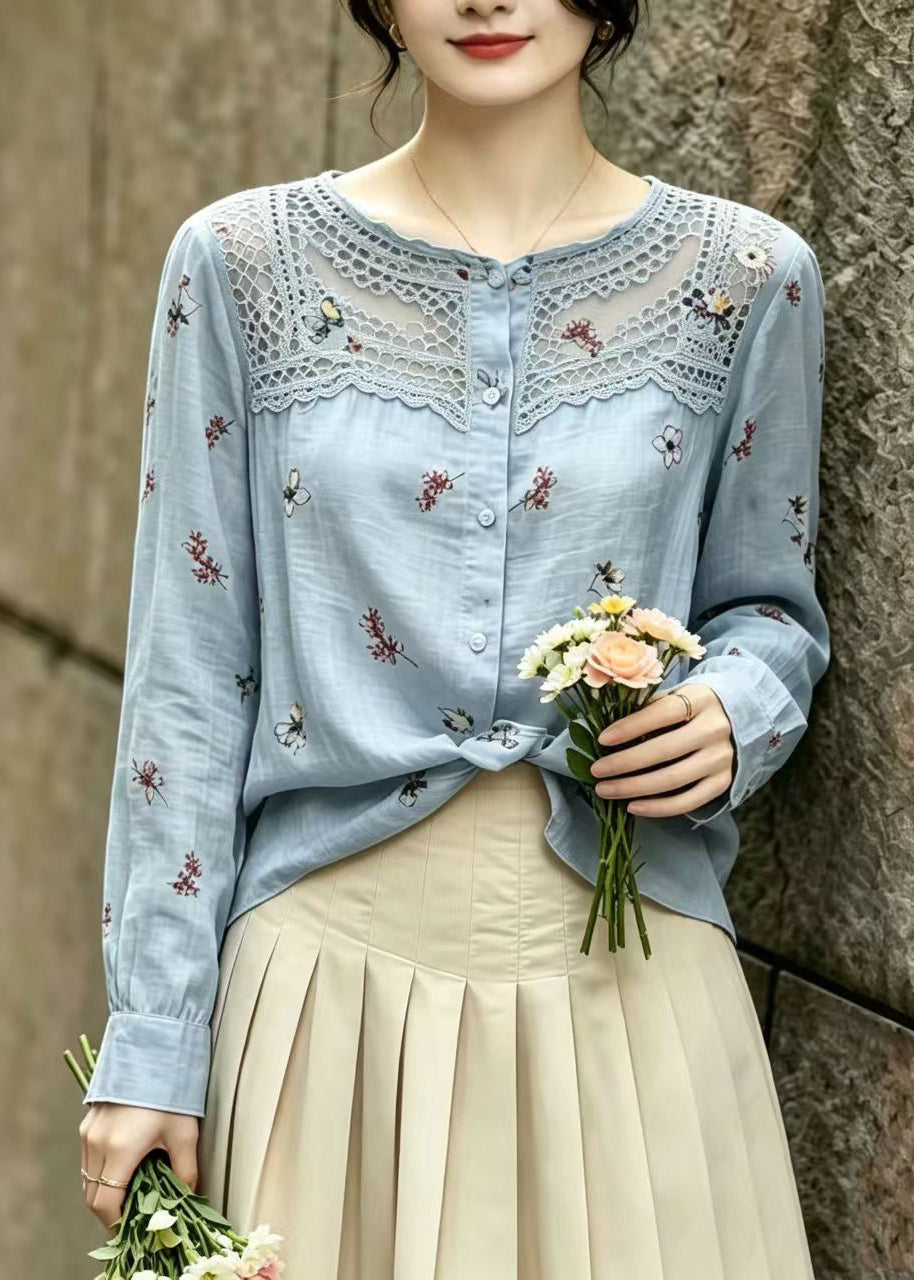 Boutique Blue Print Patchwork Lace Blouse Top Summer