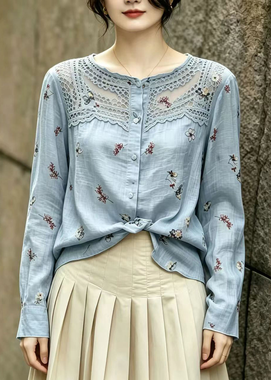 Boutique Blue Print Patchwork Lace Blouse Top Summer