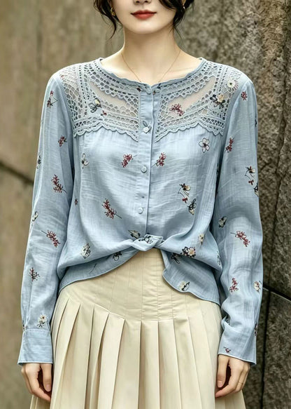 Boutique Blue Print Patchwork Lace Blouse Top Summer