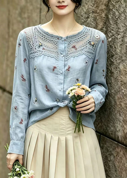 Boutique Blue Print Patchwork Lace Blouse Top Summer
