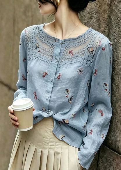 Boutique Blue Print Patchwork Lace Blouse Top Summer