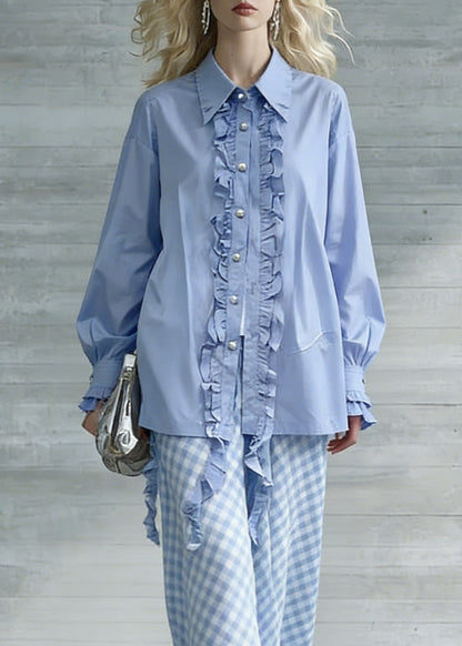 Boutique Blue Ruffled Button Cotton Blouses Spring