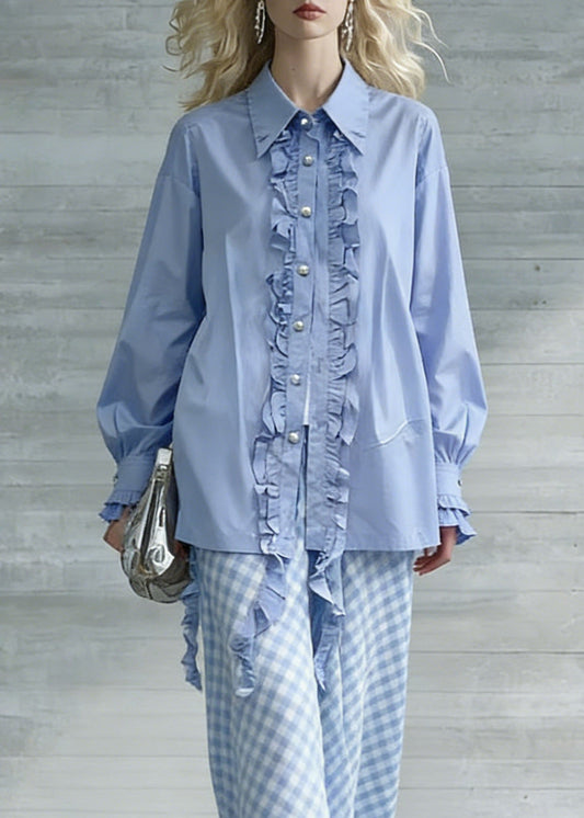 Boutique Blue Ruffled Button Cotton Blouses Spring