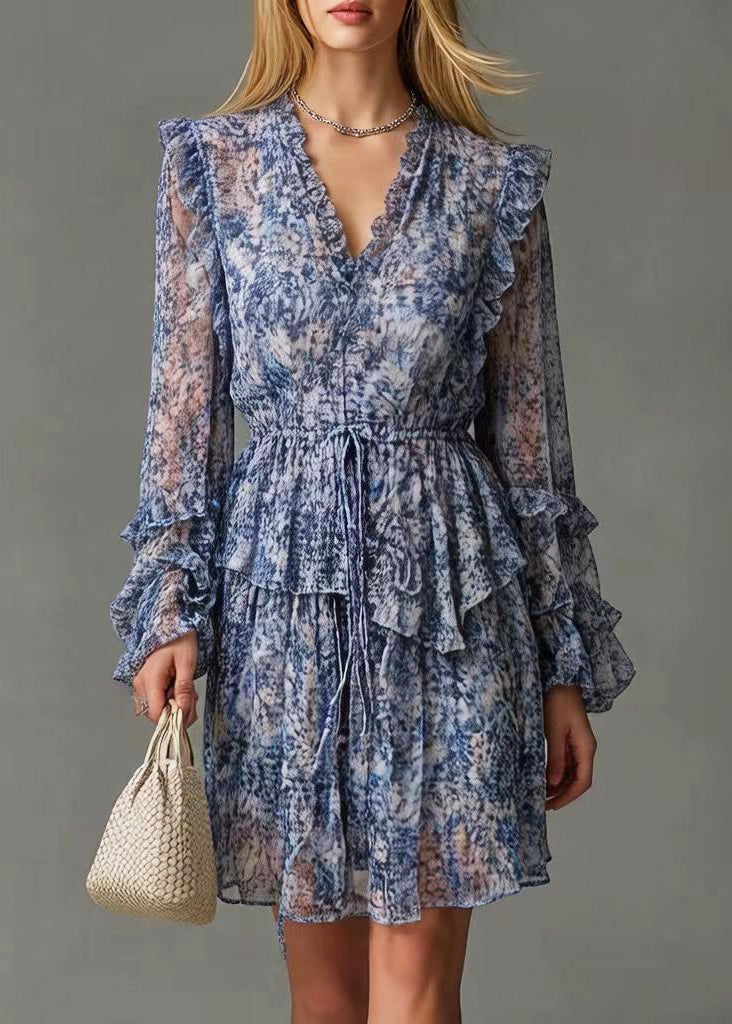 Boutique Blue Ruffled Print Chiffon Cinched Dresses Spring