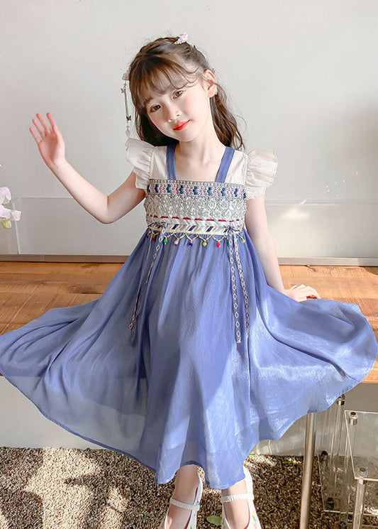 Boutique Blue Square Collar Patchwork Tassel Chiffon Kids Long Dresses Sleeveless