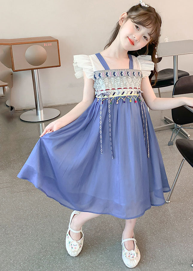 Boutique Blue Square Collar Patchwork Tassel Chiffon Kids Long Dresses Sleeveless