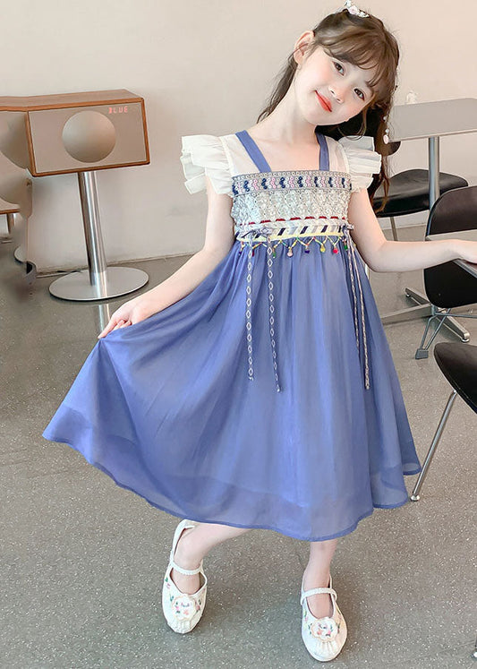 Boutique Blue Square Collar Patchwork Tassel Chiffon Kids Long Dresses Sleeveless